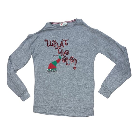 Poof 'What the Elf' Sweater JUNIORS Size Large Ugly Party Holiday Christmas Gray - Picture 1 of 10